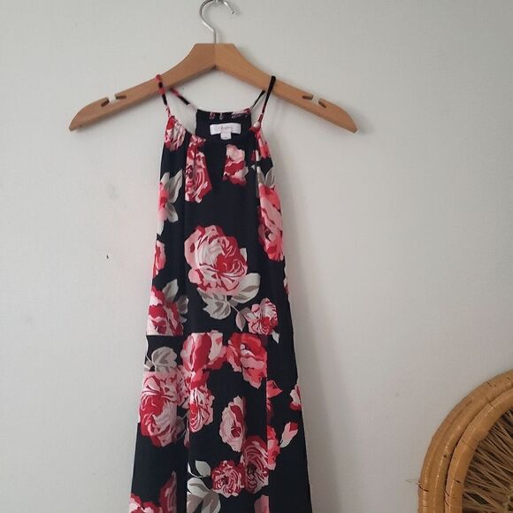 Candie's Floral Rose Print Halter Maxi Dress Skirt Slits Black Pink Keyhole S - Picture 1 of 9